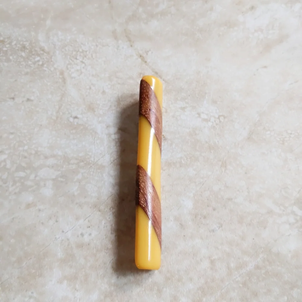 Vintage Candy Stripe Yellow & Wood Bakelite Lucite Long Pin Brooch